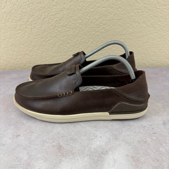 Olukai Kakaha Shoes Mens Size 9.5 Brown Leather Slip On Casual Loafers Read - Picture 2 of 13